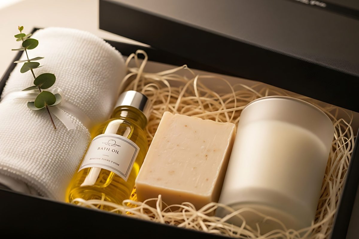 A spa gift set with a white towel, bath oil, soap, and candle arranged in a black box creating a relaxing and luxurious atmosphere perfect for self-care or gifting.