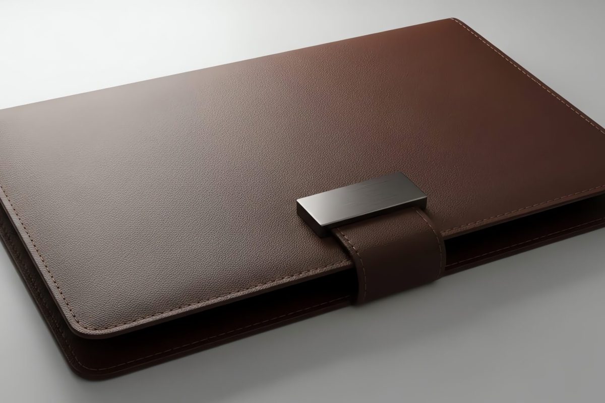 A closed brown leather portfolio with a metal clasp, presented on a clean white surface.