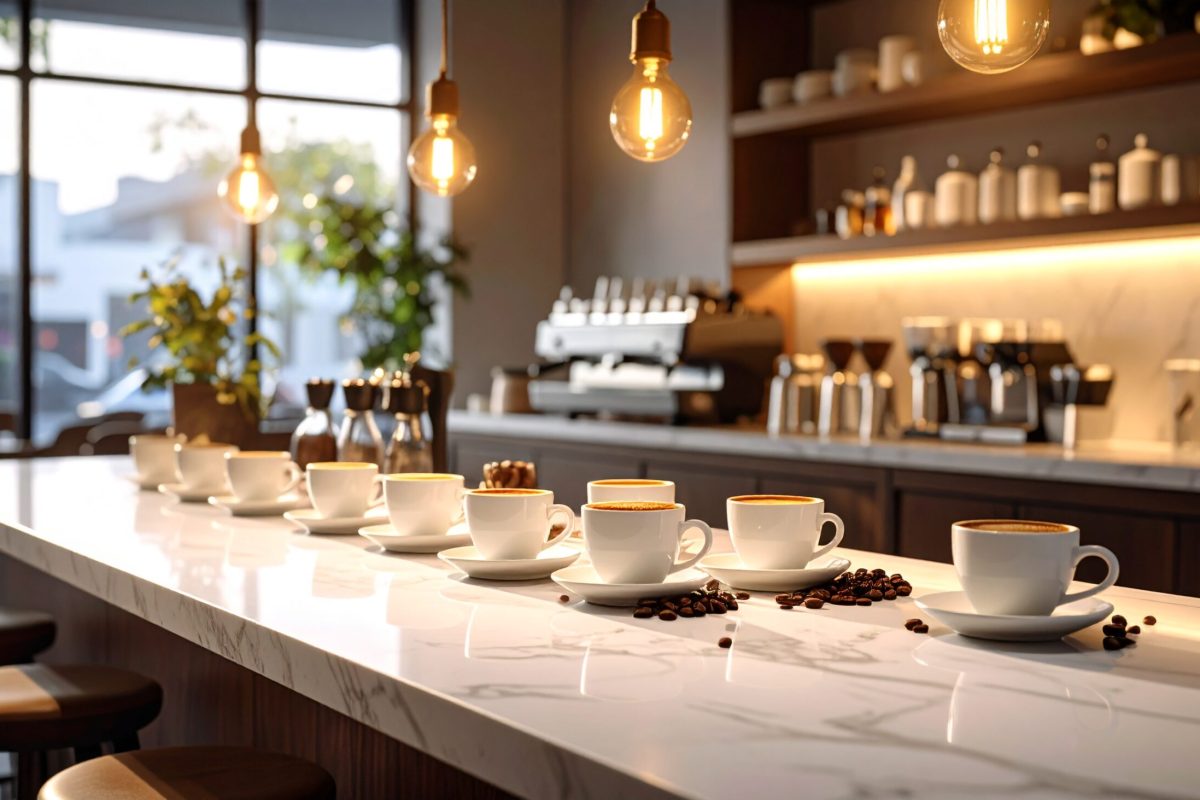 A row of coffee cups on a marble counter in a modern coffee bar, illuminated by warm pendant lights. Coffee beans are scattered around the cups, creating an inviting scene.