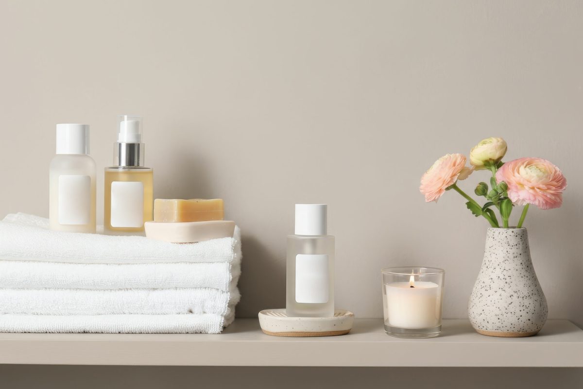 Spa essentials with towels, soaps, lotions, and candles arranged neatly on shelf