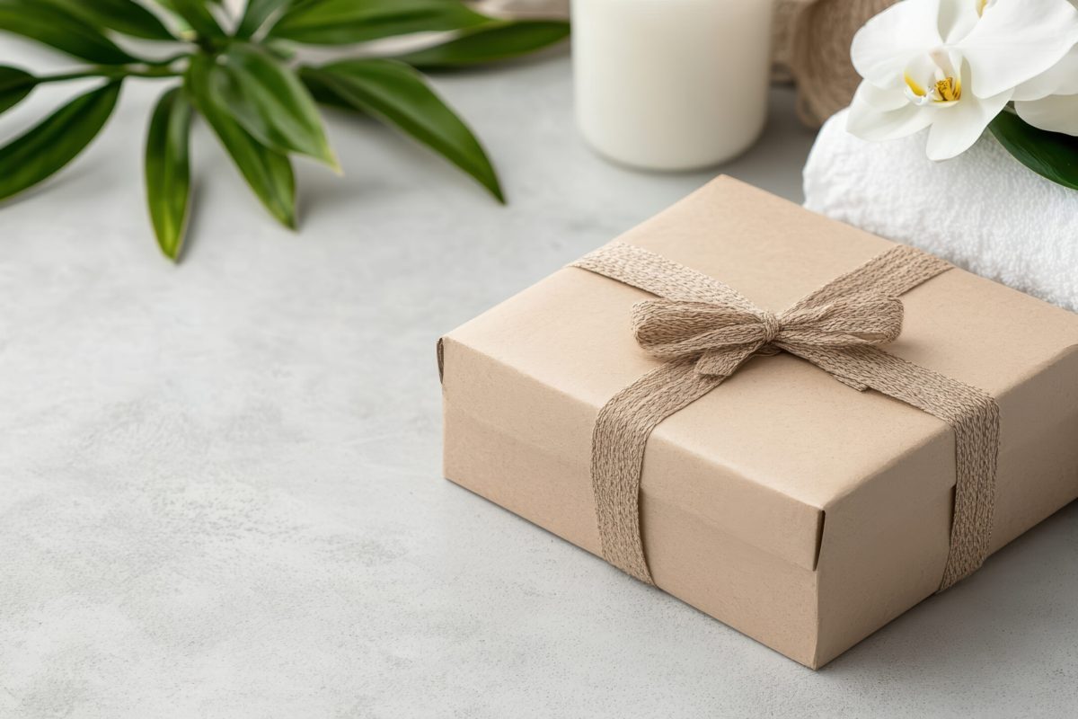 Beautifully wrapped gift box sits elegantly beside soft towels and candle, surrounded by fresh