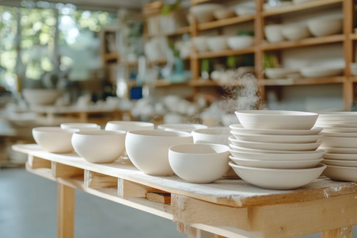 A clay rack with several handcrafted ceramic pieces arranged neatly, faint steam rising gently from the warm surface, the steam swirling in the cool air, soft light casting shadows on the textured clay, subtle reflections on the smooth glazes, a serene and calm atmosphere, the mood evoking craftsmanship and the delicate balance of heat and nature, photography style with soft ambient lighting, standard lens with 50mm focal length, f/2.5 aperture, --chaos 33 --ar 16:9 --profile kwllwrr --stylize 200 --v 6.1 Job ID: 23c9783e-2868-4aab-ac28-6654713130f9