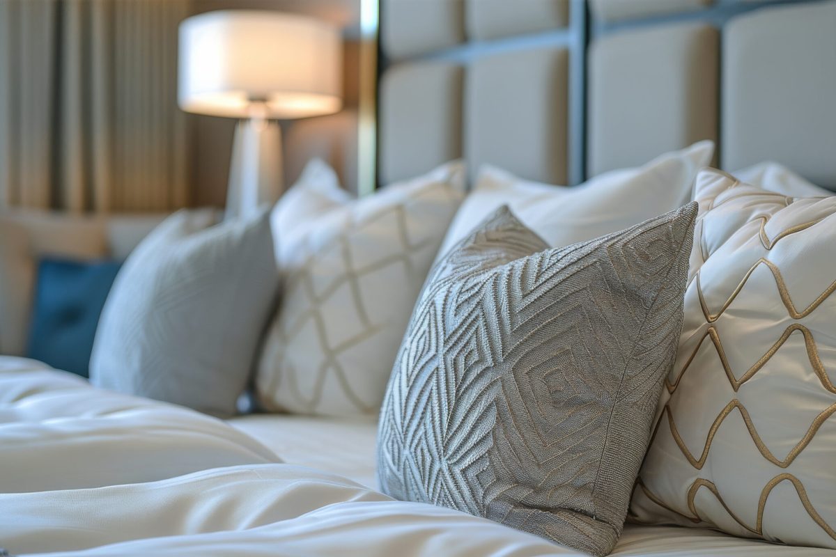 A bed with white sheets and pillows in a simple room setting.